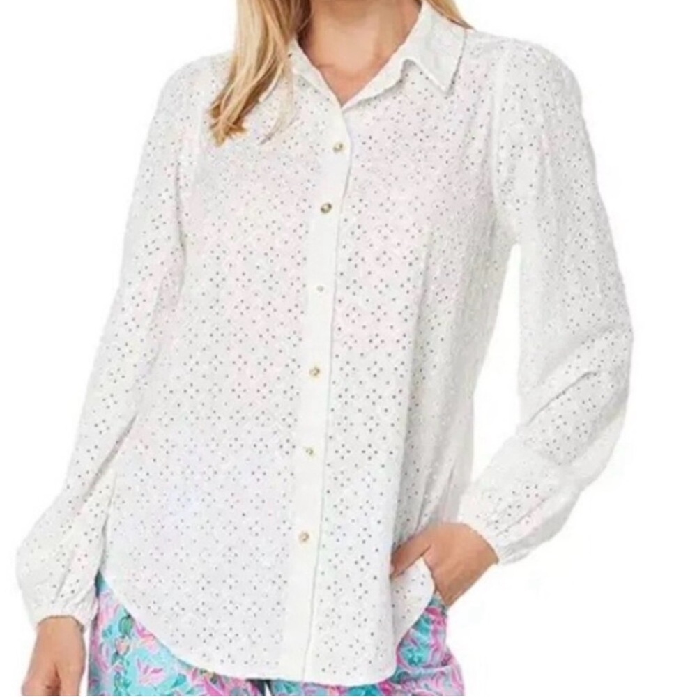 Lilly Pulitzer White Eyelet Blouse with Gold Button